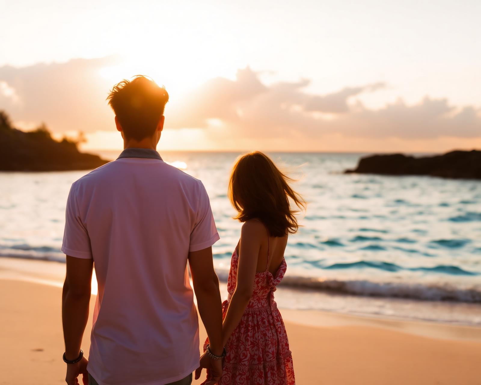 Travellers walking on a sunset beach